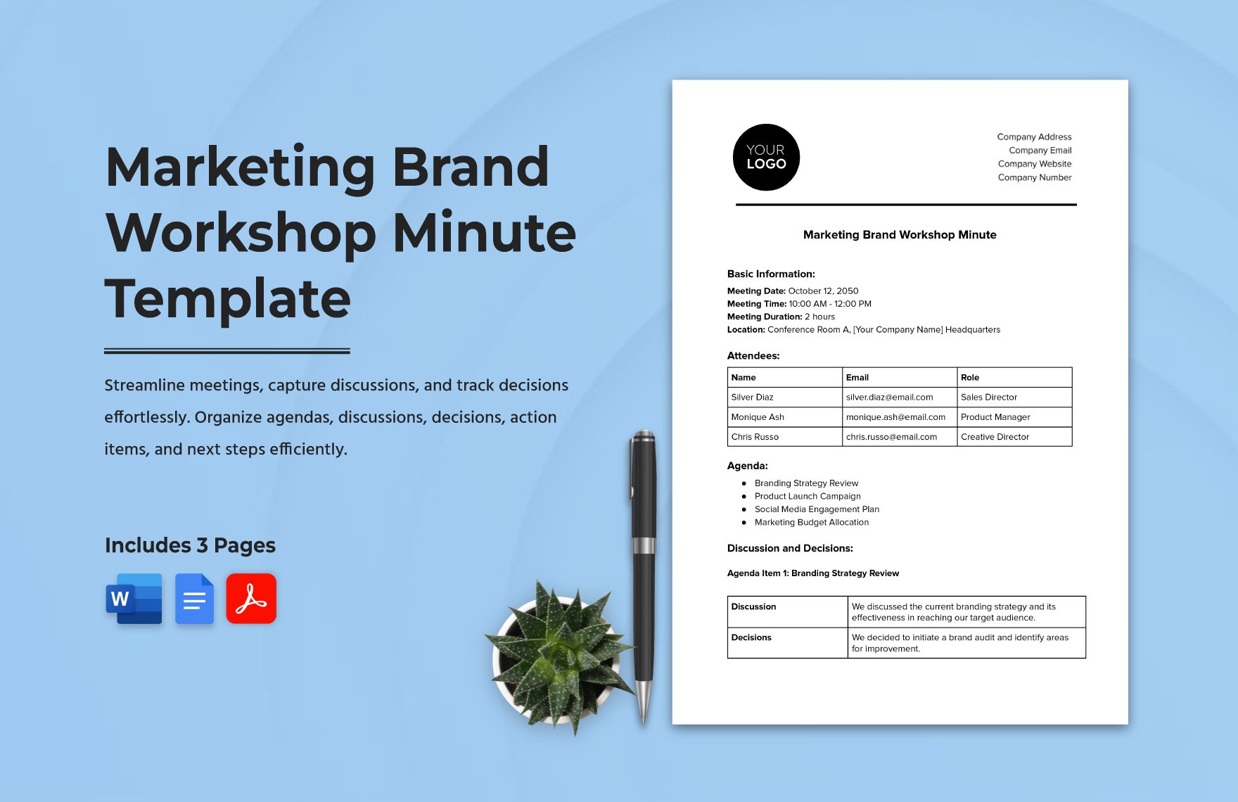 Marketing Brand Workshop Minute Template in Word PDF Google Docs