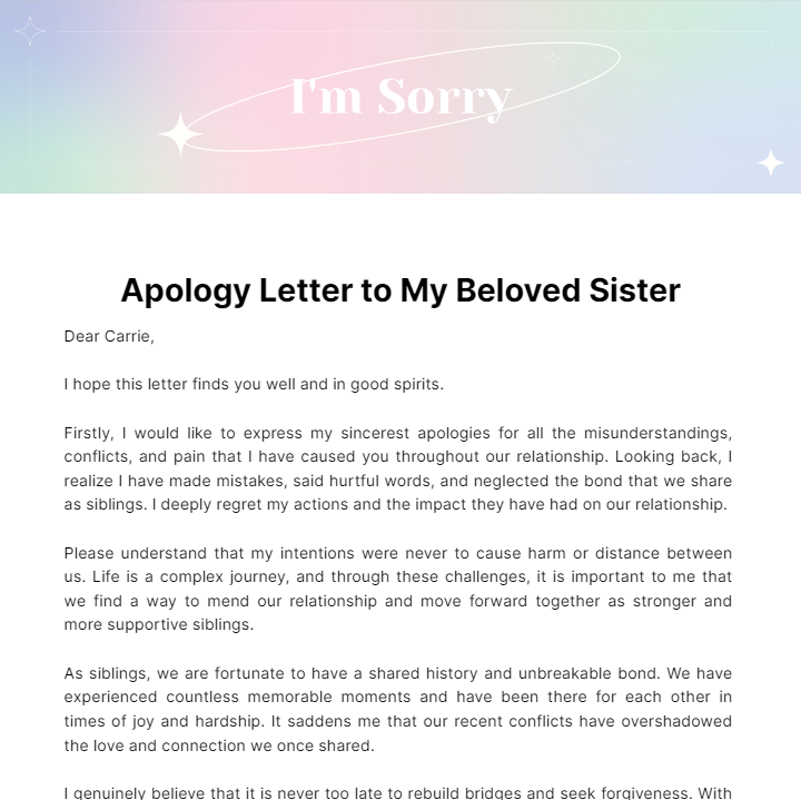 Personal Apology Letter to a Sibling  Template