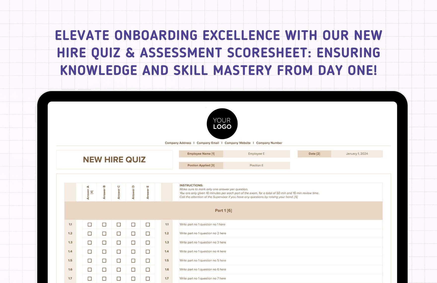 New Hire Quiz & Assessment Scoresheet HR Template