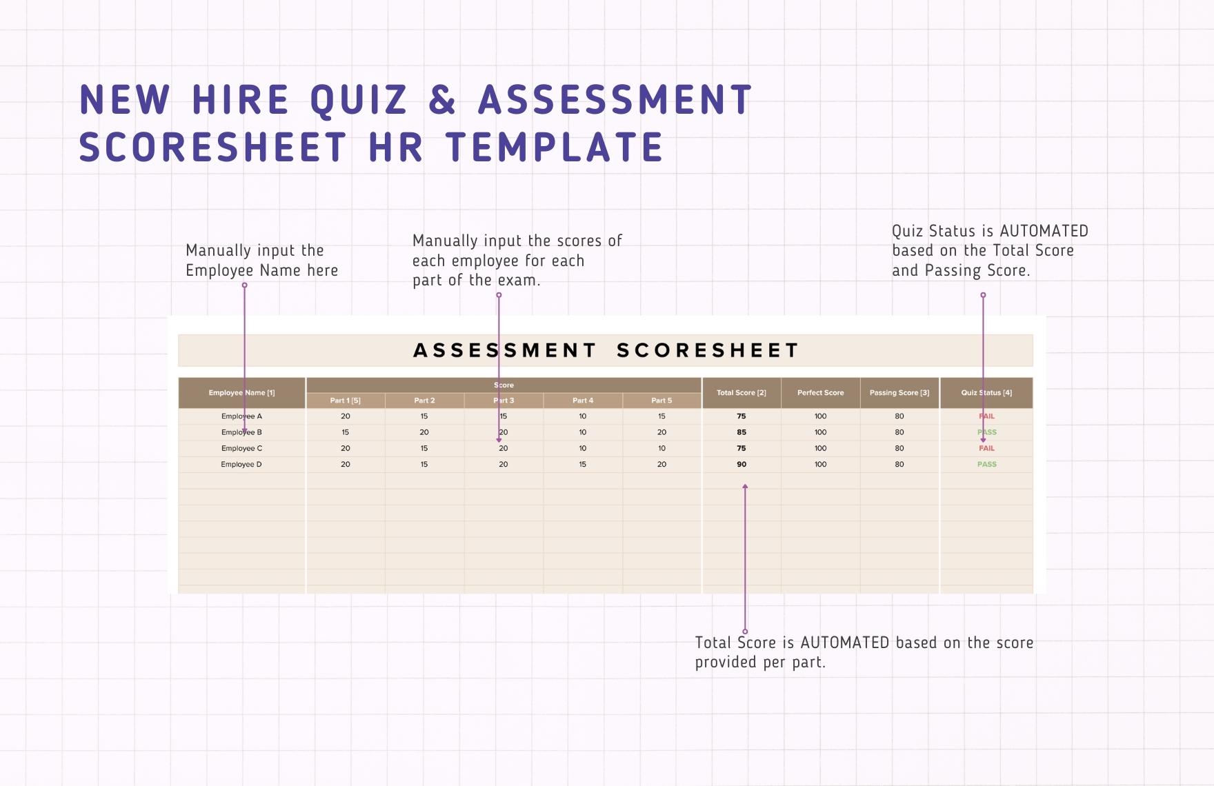New Hire Quiz & Assessment Scoresheet HR Template