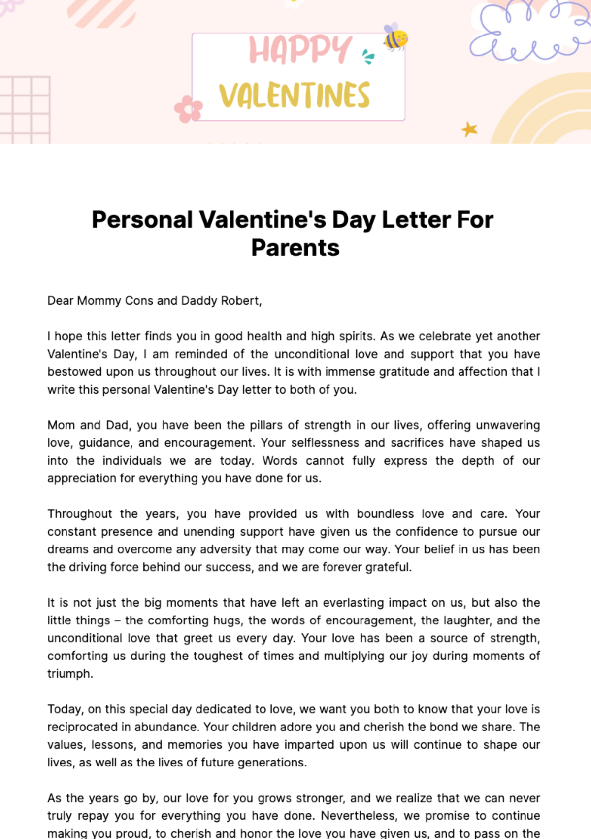 Free Personal Valentine's Day Letter for Parents Template
