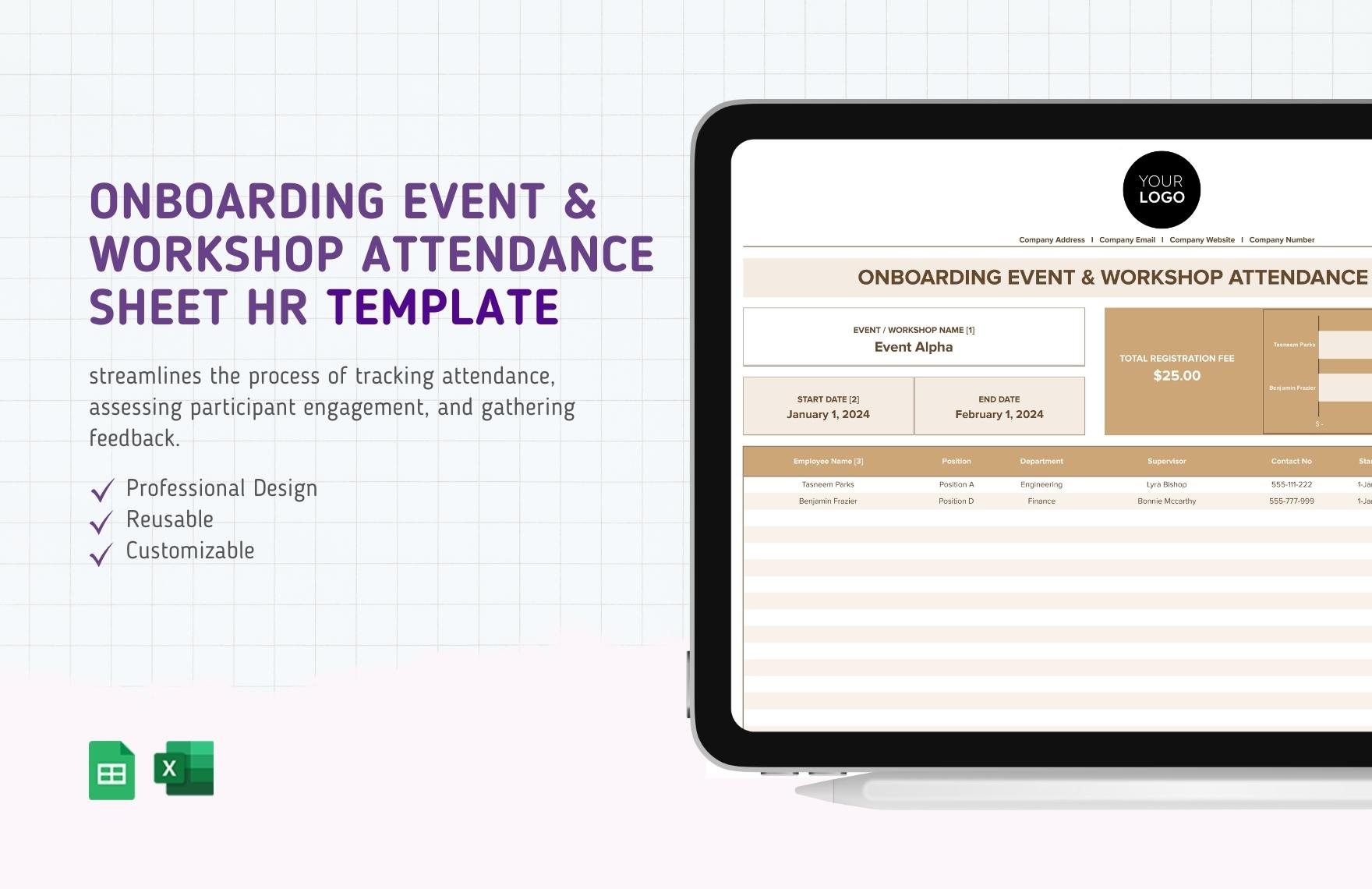 Onboarding Event & Workshop Attendance Sheet HR Template in Excel, Google Sheets