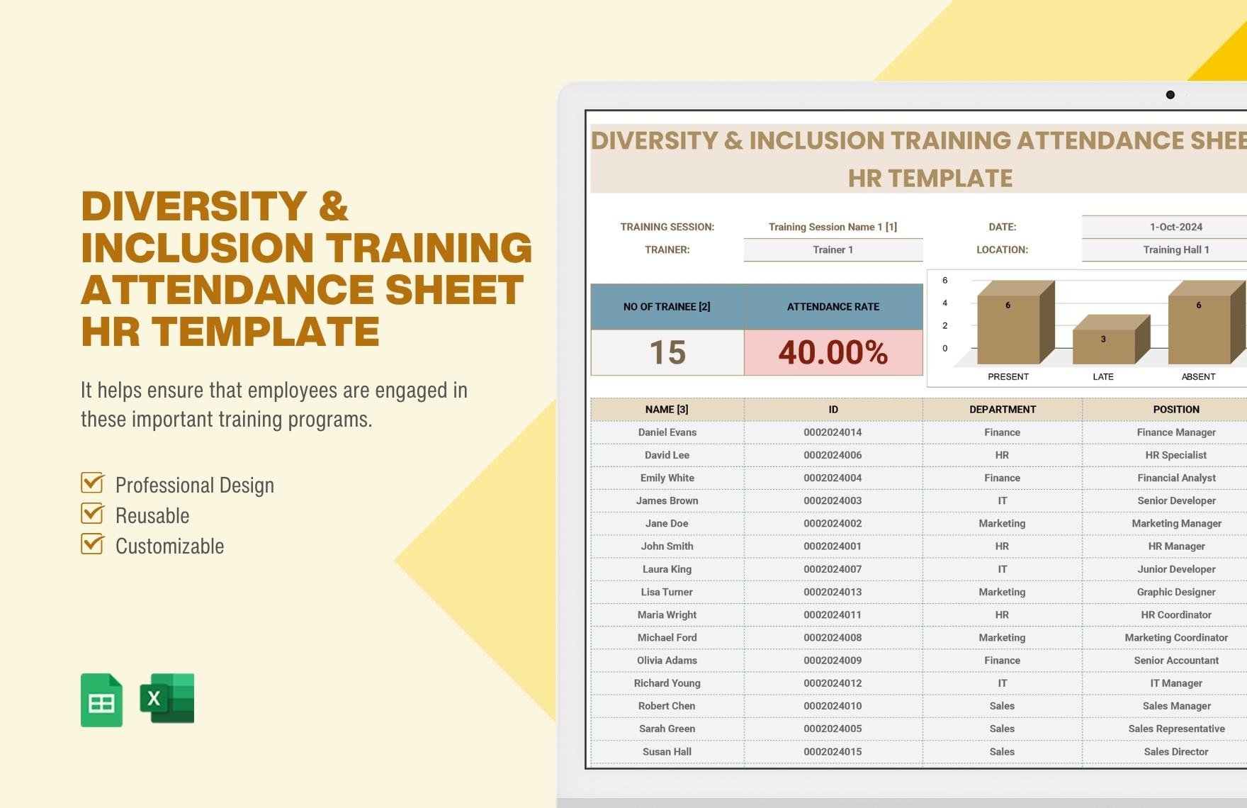 Diversity & Inclusion Training Attendance Sheet HR Template in Excel, Google Sheets