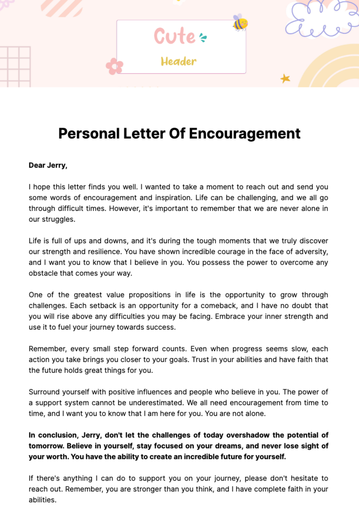 Personal Letter of Encouragement Template