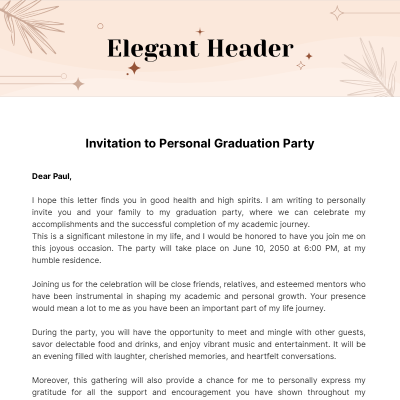 Personal Graduation Party Invitation Letter Template - Edit Online & Download