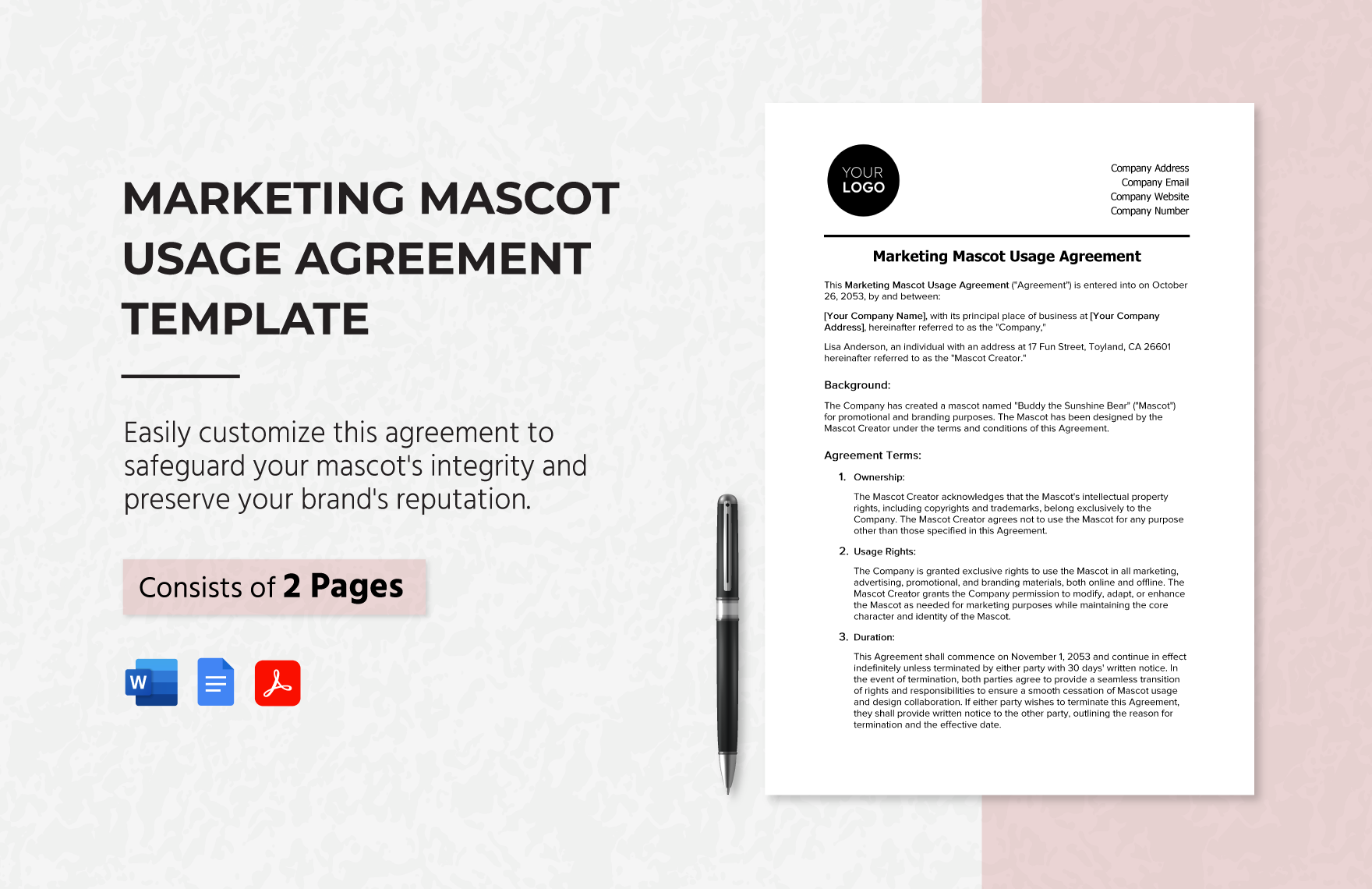 Marketing Mascot Usage Agreement Template in Word, Google Docs, PDF