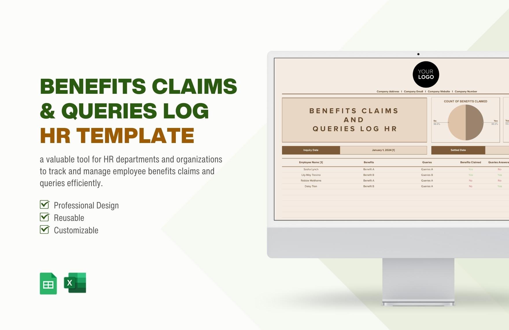 Benefits Claims & Queries Log HR Template in Excel, Google Sheets