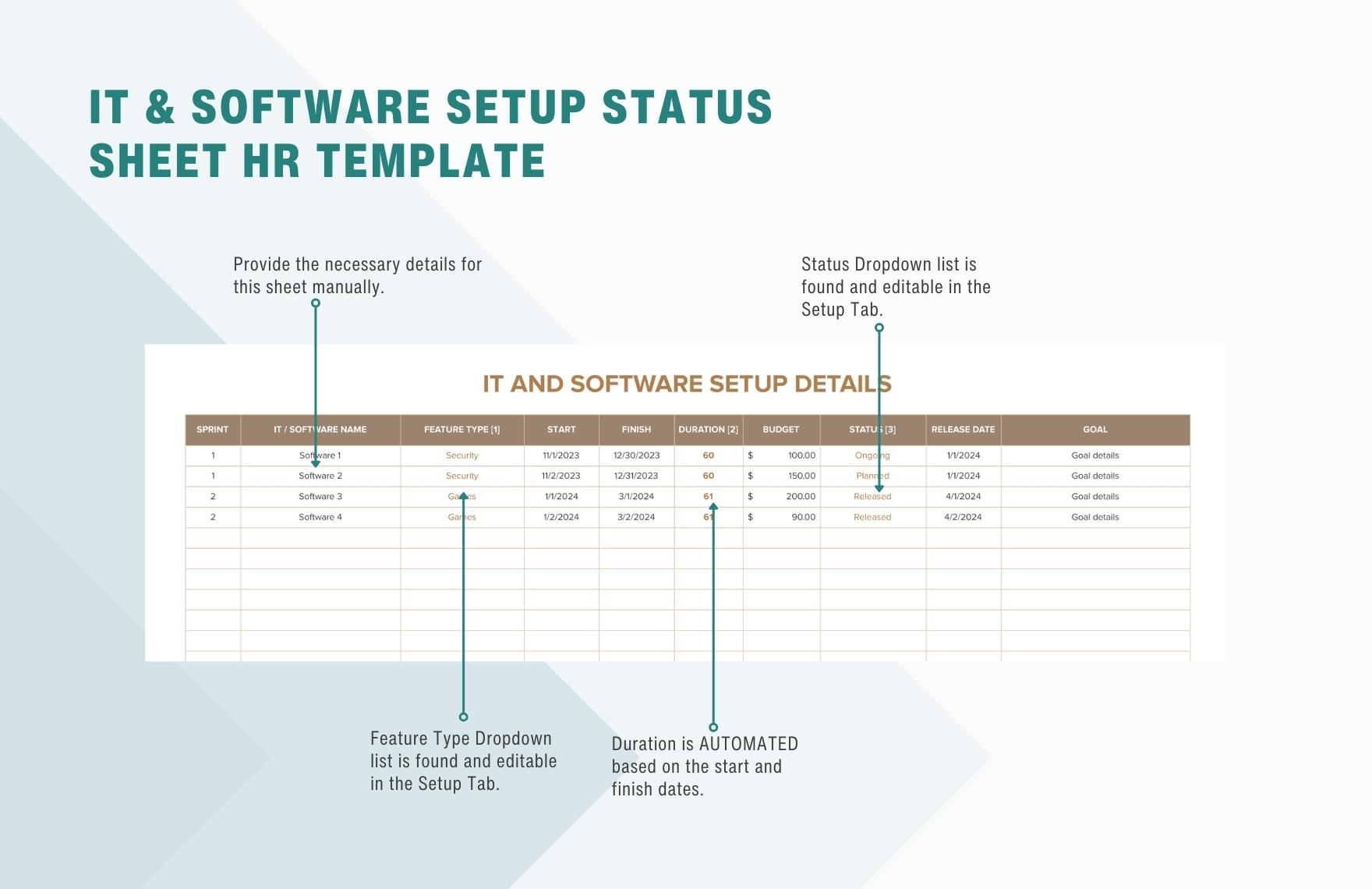 IT & Software Setup Status Sheet HR Template