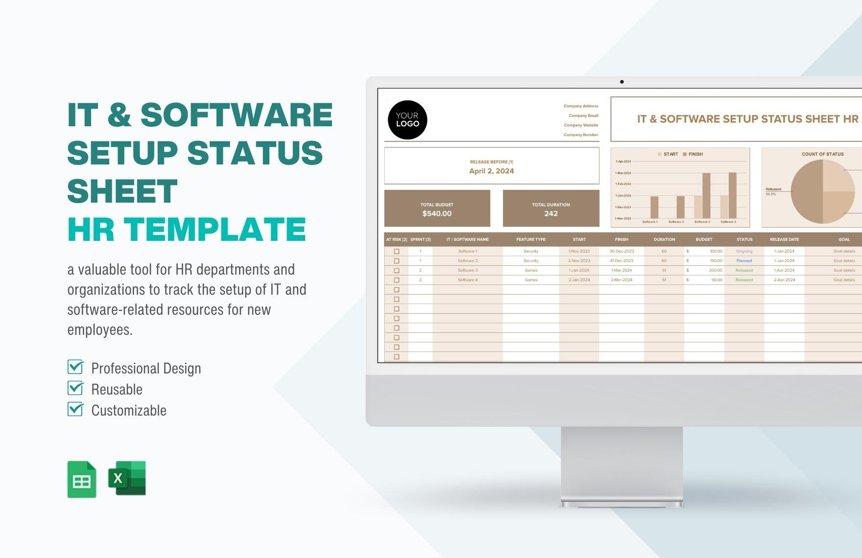 IT & Software Setup Status Sheet HR Template in Excel, Google Sheets