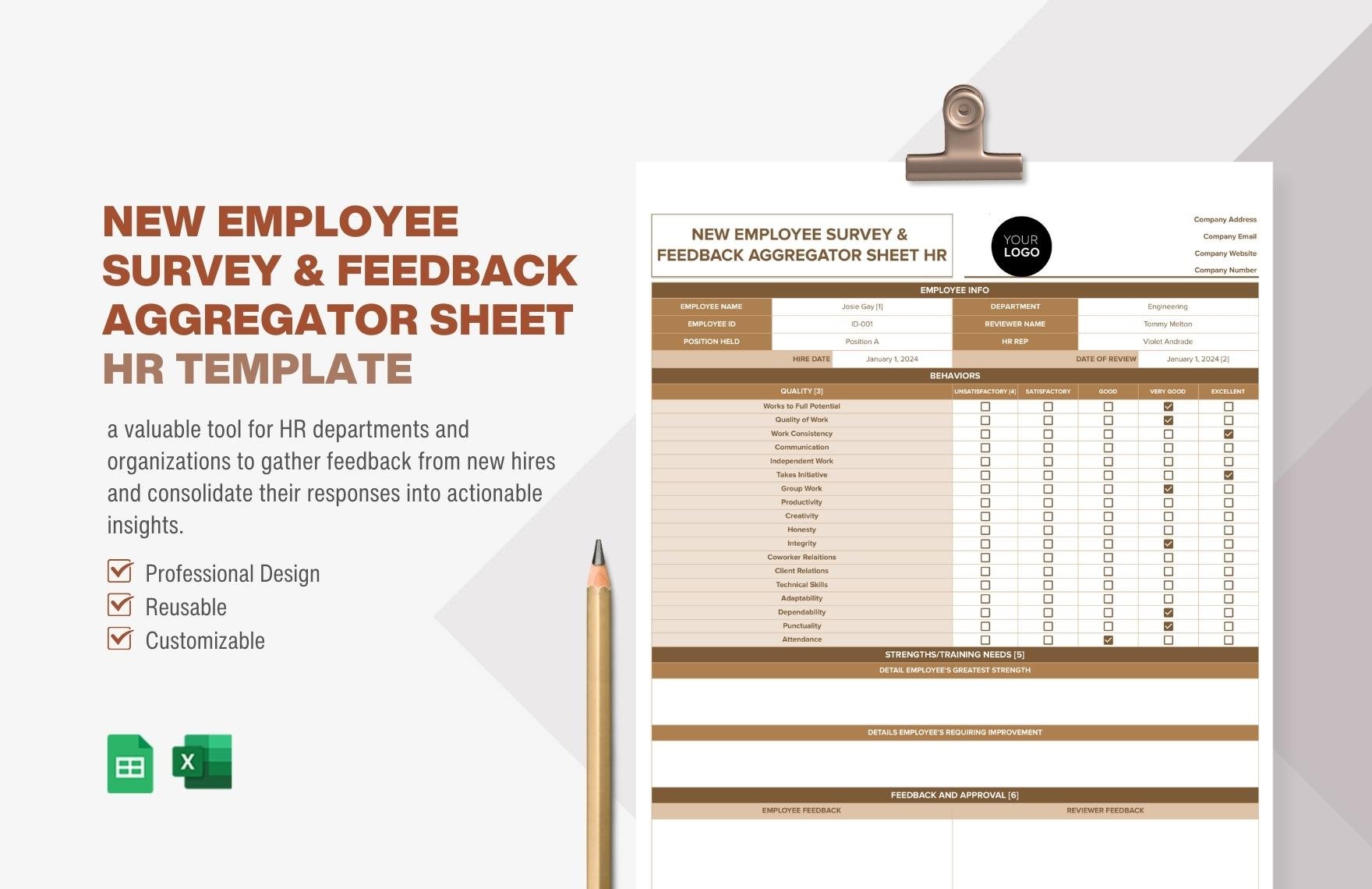 New Employee Survey & Feedback Aggregator Sheet HR Template in Excel, Google Sheets