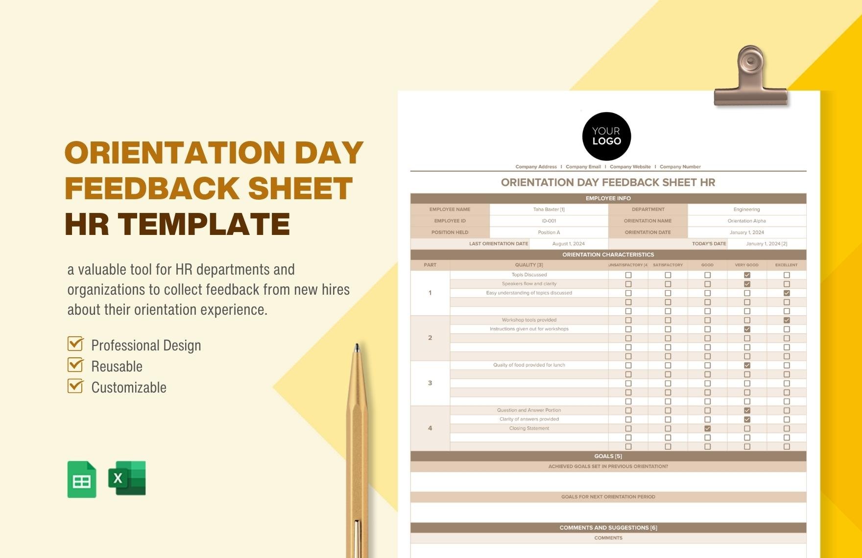 Orientation Day Feedback Sheet HR Template in Excel, Google Sheets
