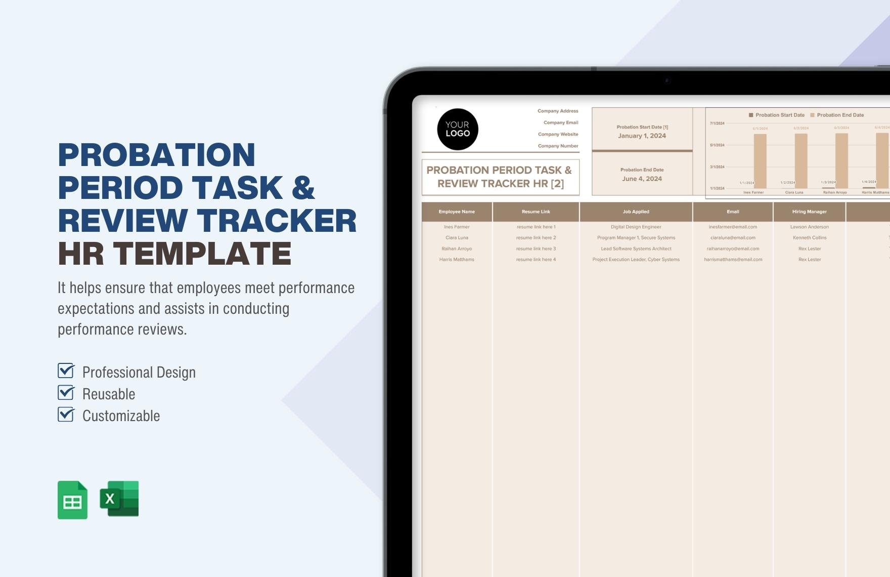 Probation Period Task & Review Tracker HR Template in Excel, Google Sheets