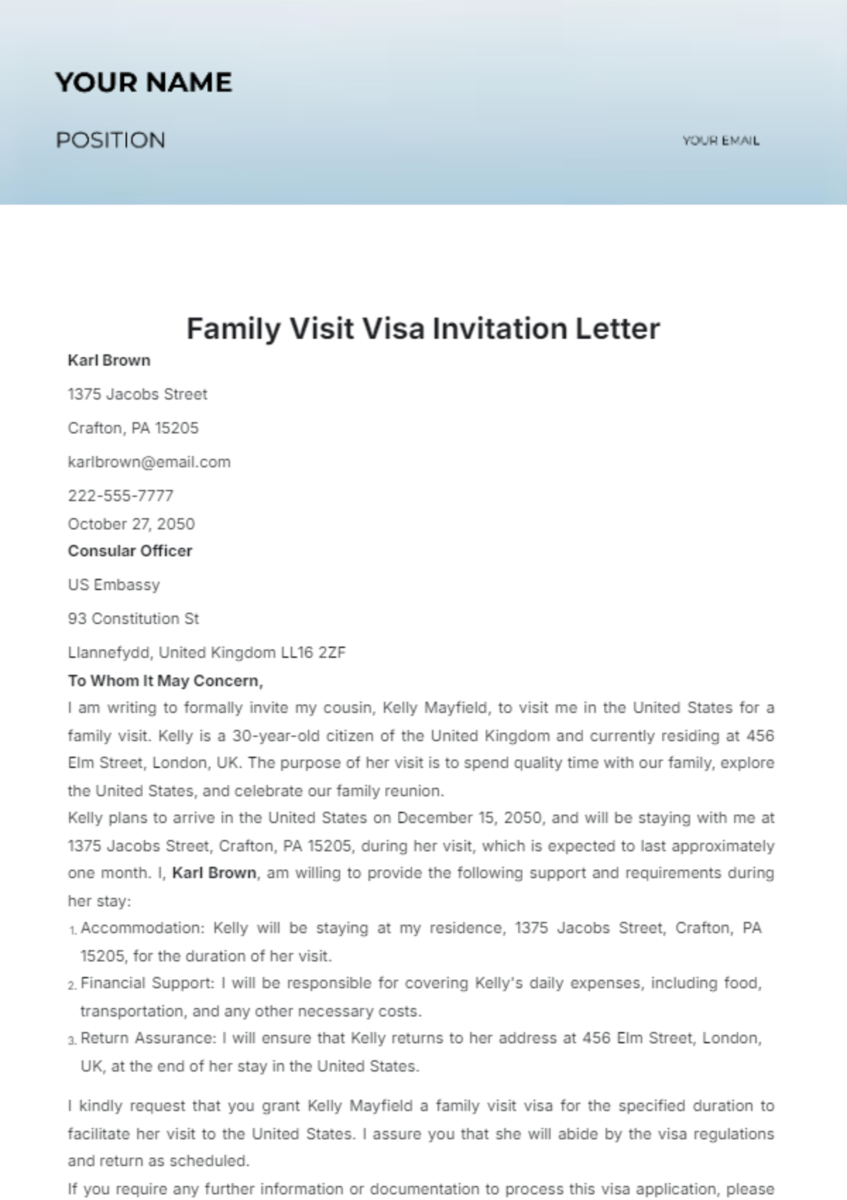 Family Visit Visa Invitation Letter Template