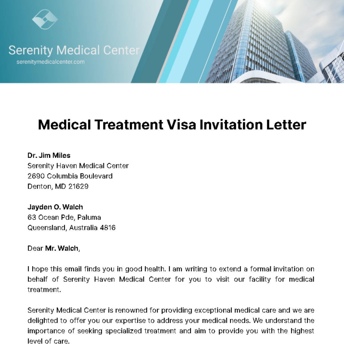 Medical Treatment Visa Invitation Letter Template