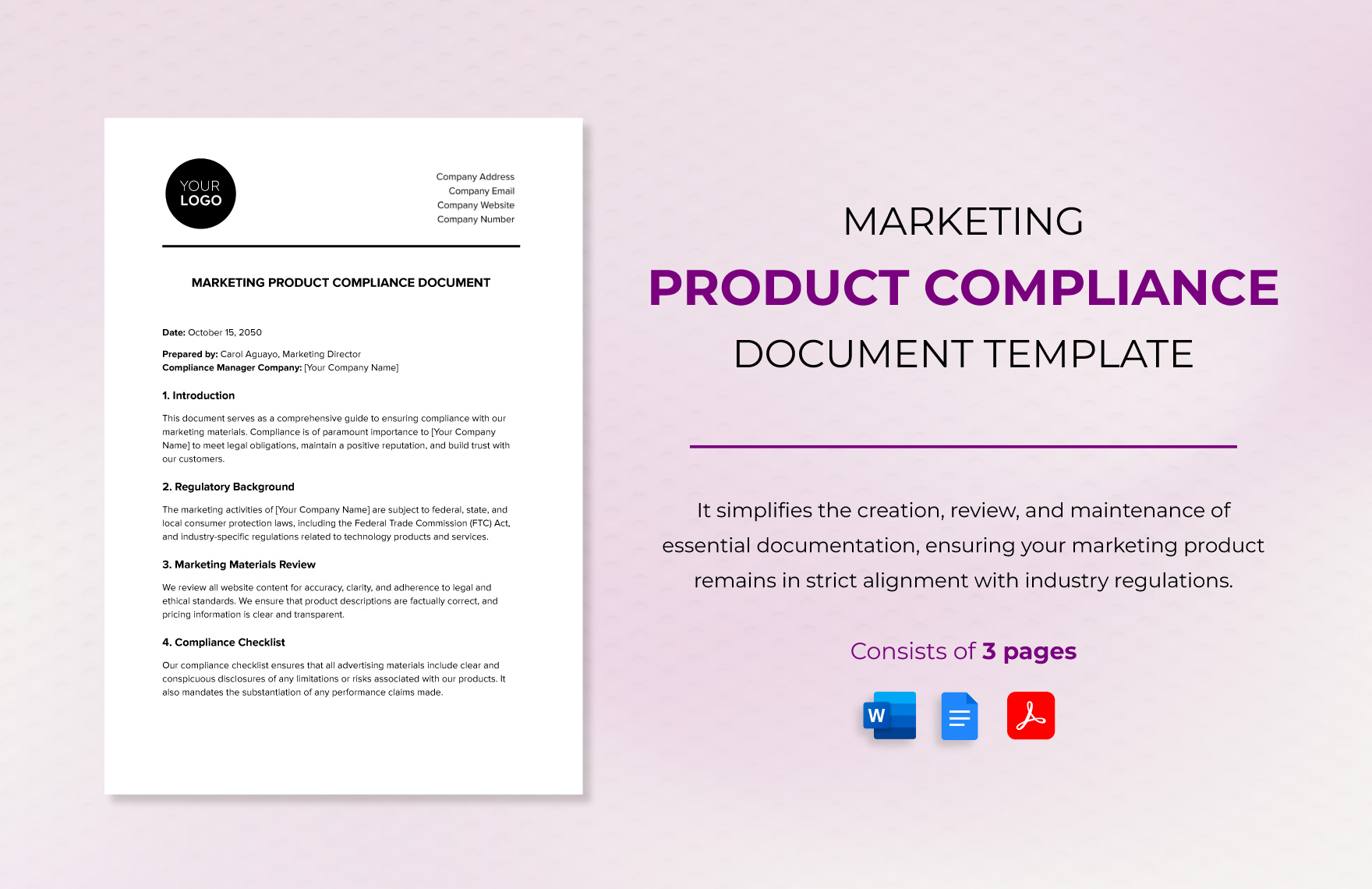 Marketing Product Compliance Document Template in Word, Google Docs, PDF