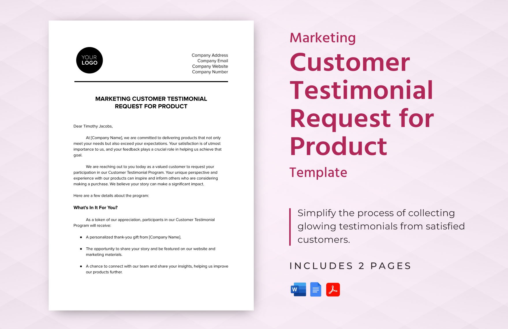 Marketing Customer Testimonial Request for Product Template in Word, Google Docs, PDF