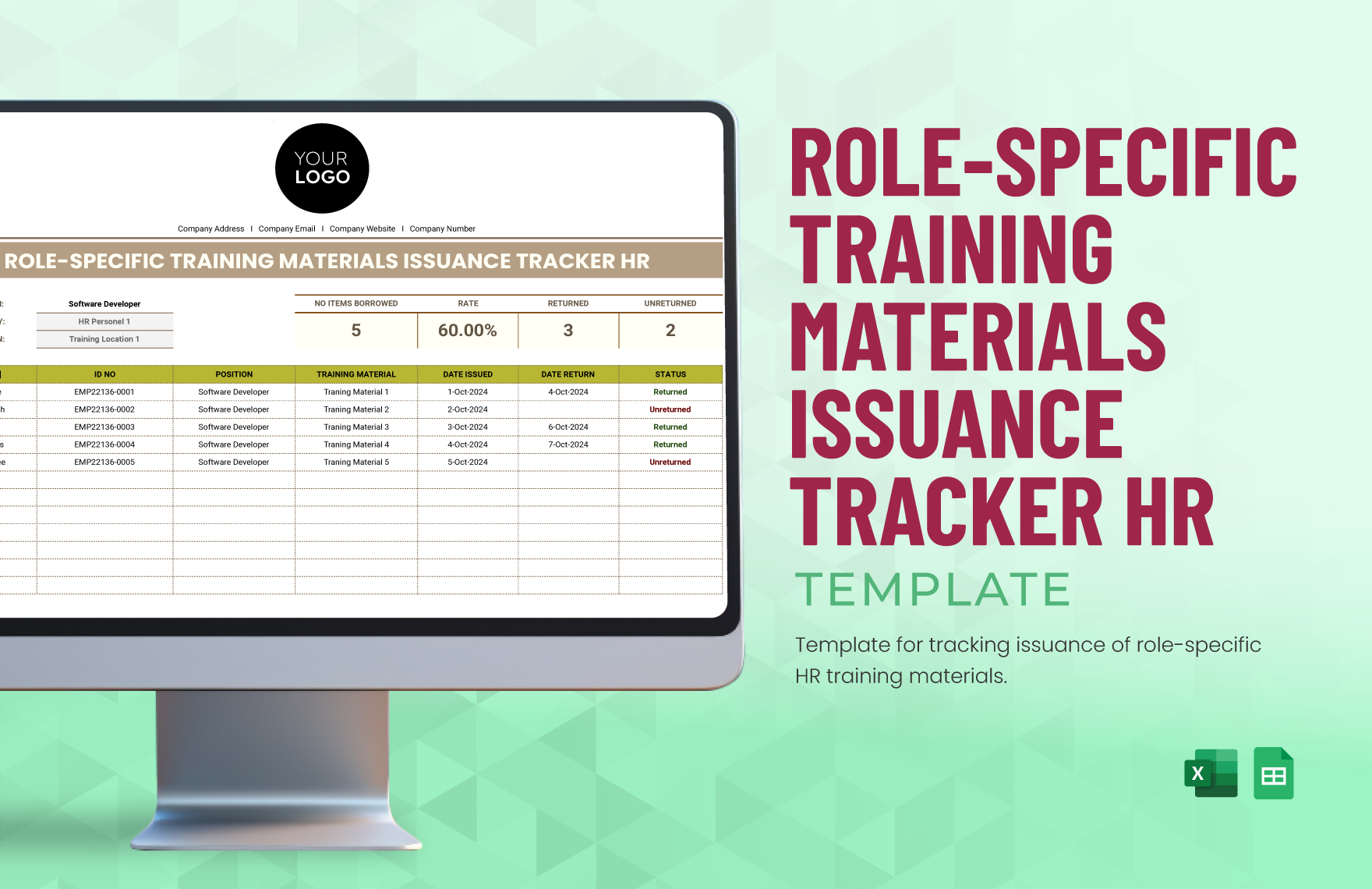 Role-specific Training Materials Issuance Tracker HR Template in Excel, Google Sheets