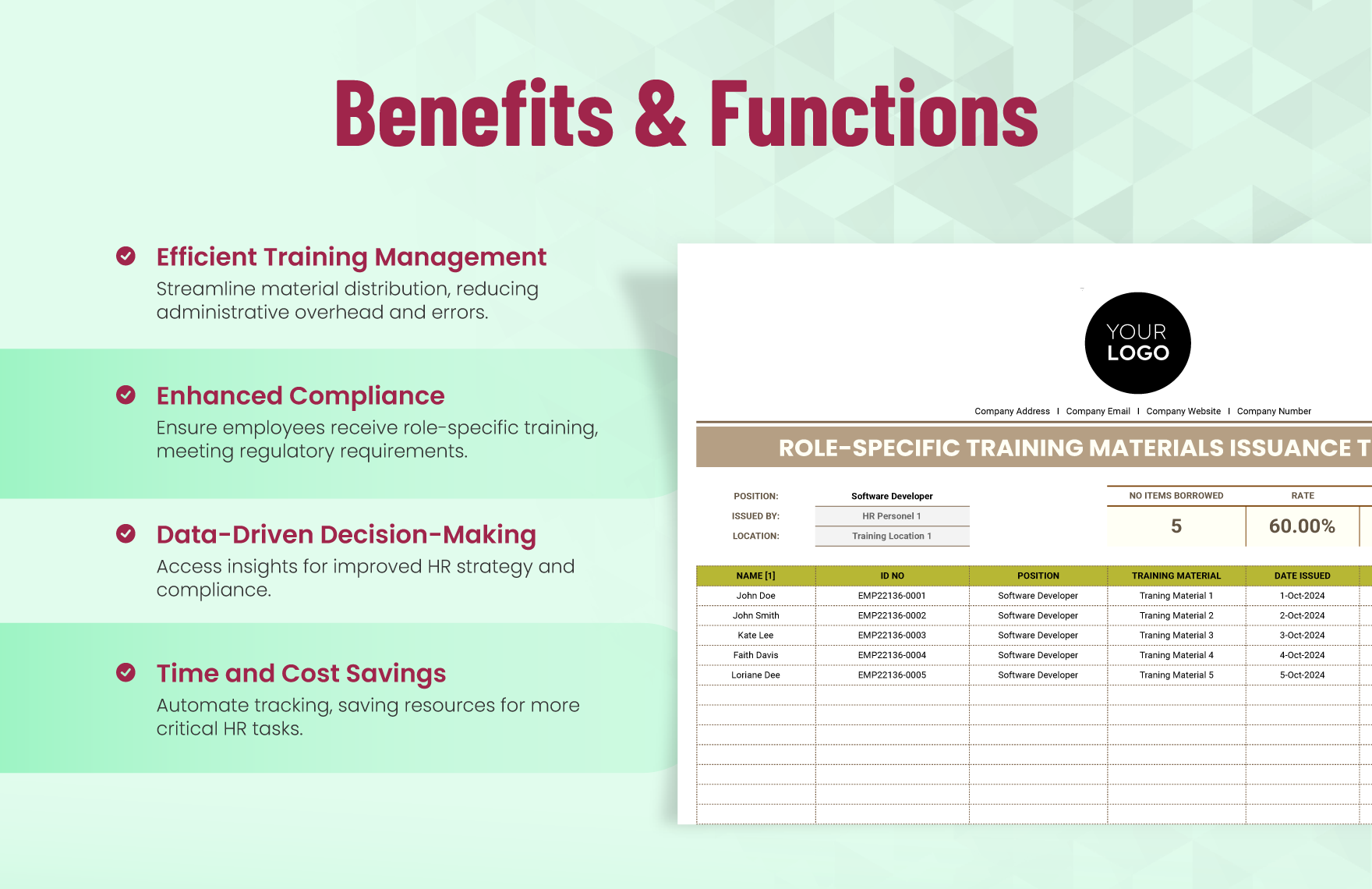 Role-specific Training Materials Issuance Tracker HR Template