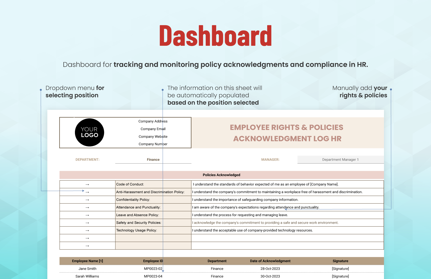 Employee Rights & Policies Acknowledgment Log HR Template