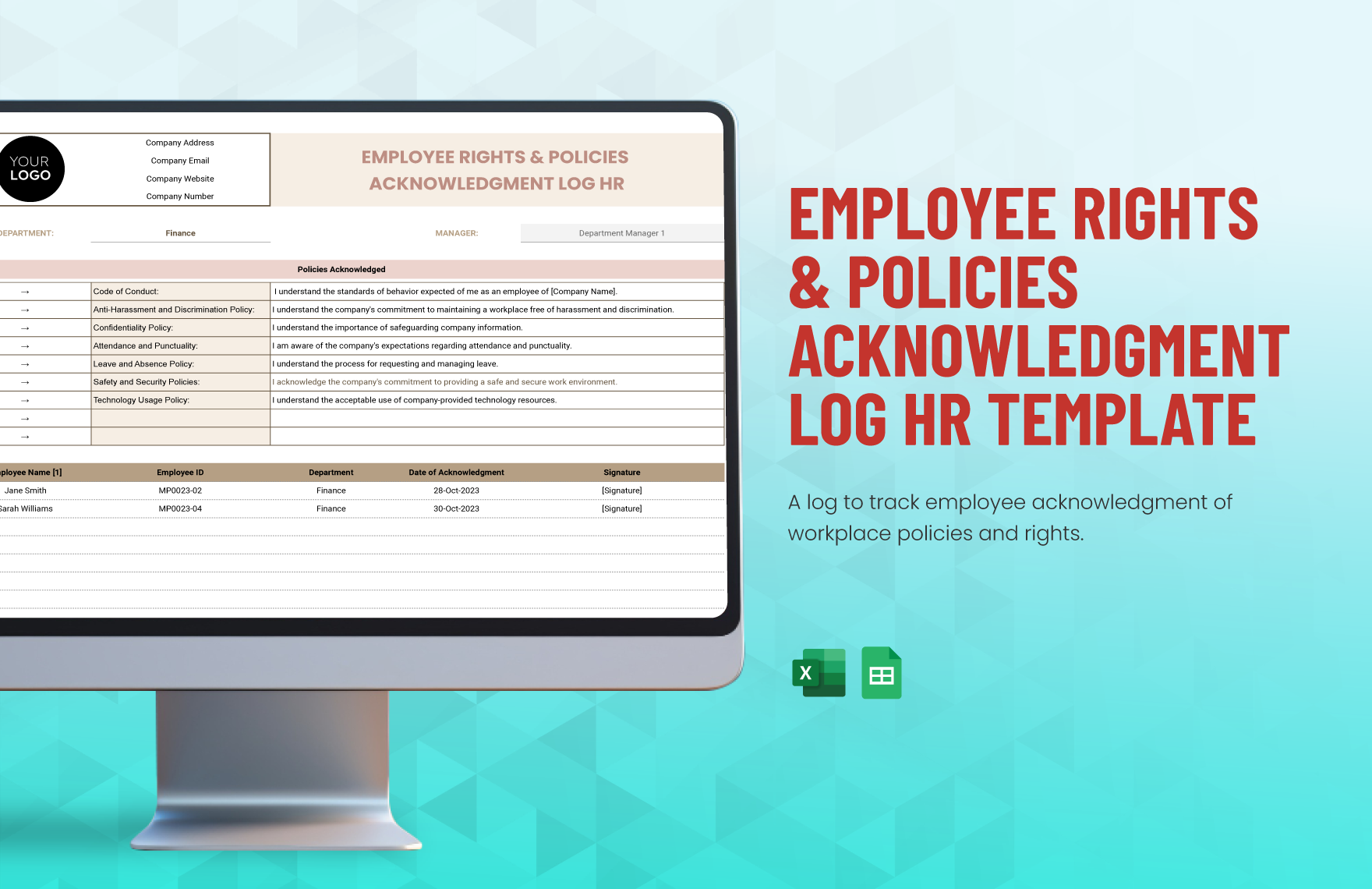 Employee Rights & Policies Acknowledgment Log HR Template in Excel, Google Sheets