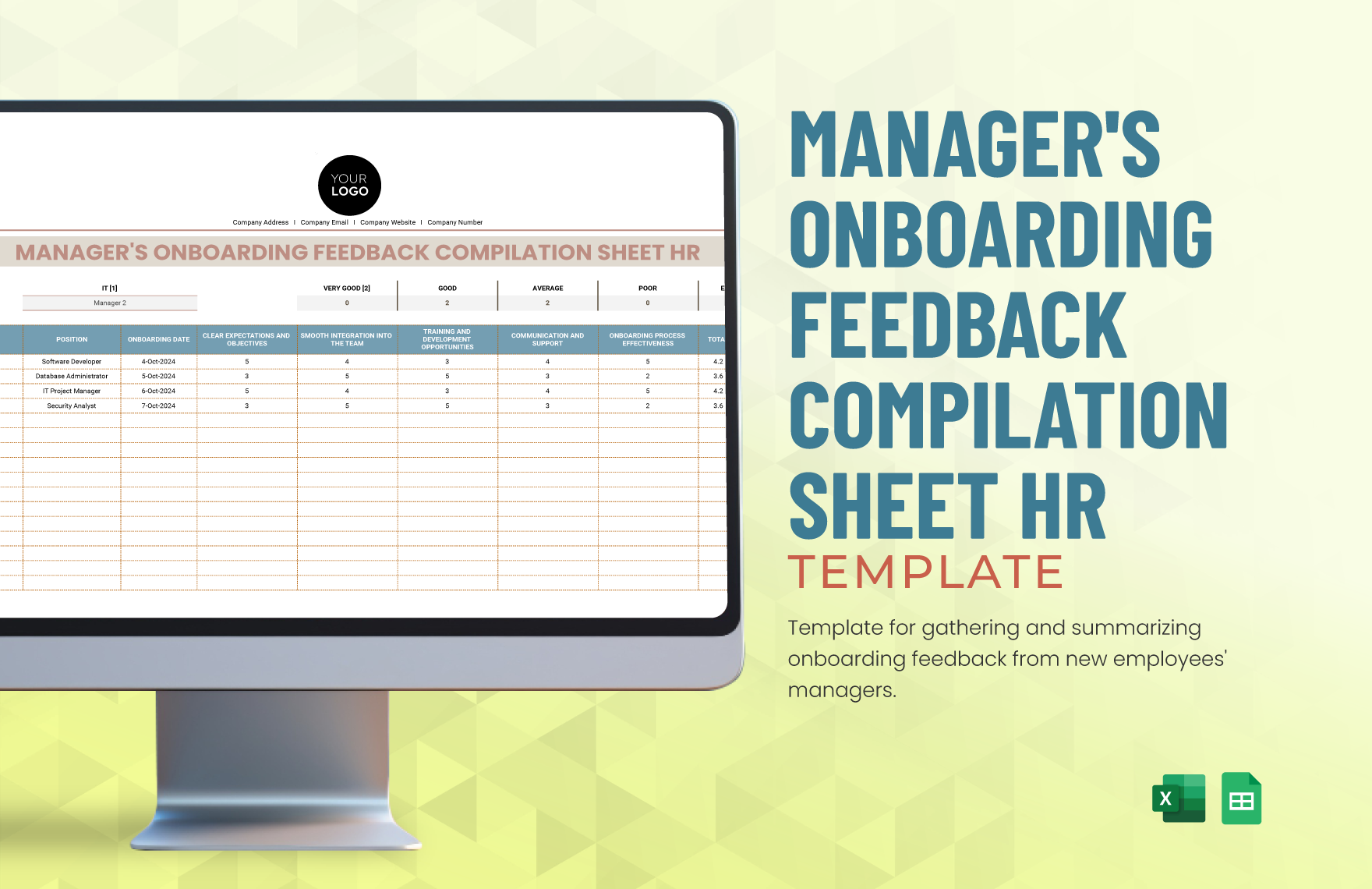 Manager's Onboarding Feedback Compilation Sheet HR Template in Excel, Google Sheets