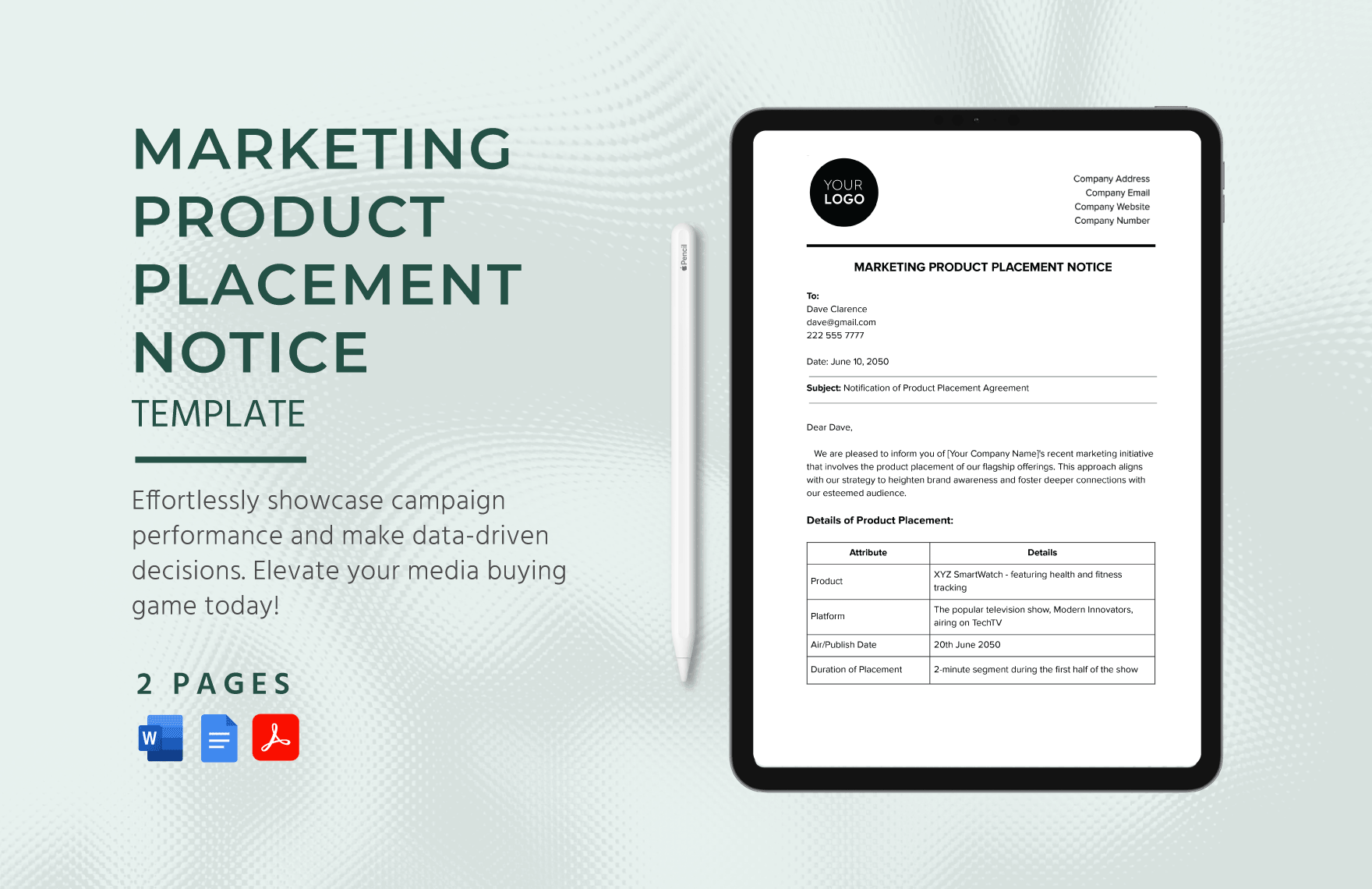 Marketing Product Placement Notice Template in Word, Google Docs, PDF