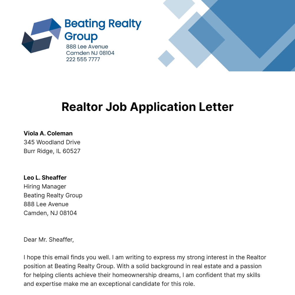 Realtor Job Application Letter  Template
