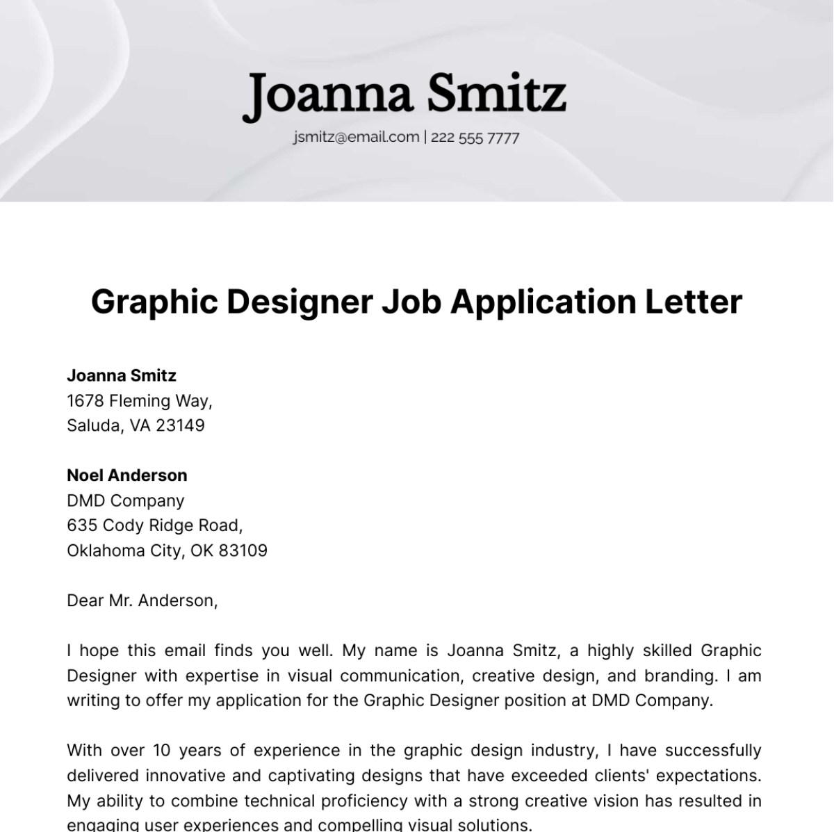 Graphic Designer Job Application Letter  Template