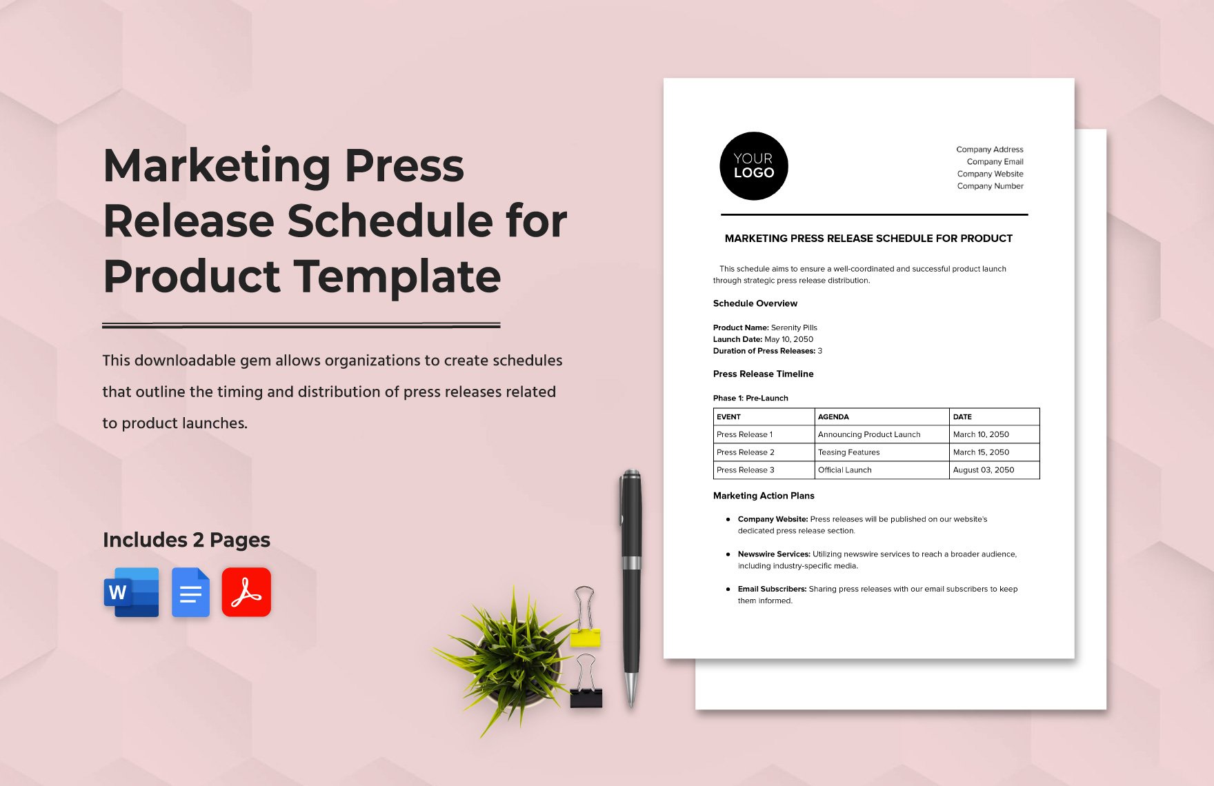 Marketing Press Release Schedule for Product Template in Word, Google Docs, PDF