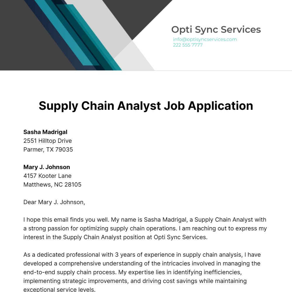 Supply Chain Analyst Job Application Letter Template