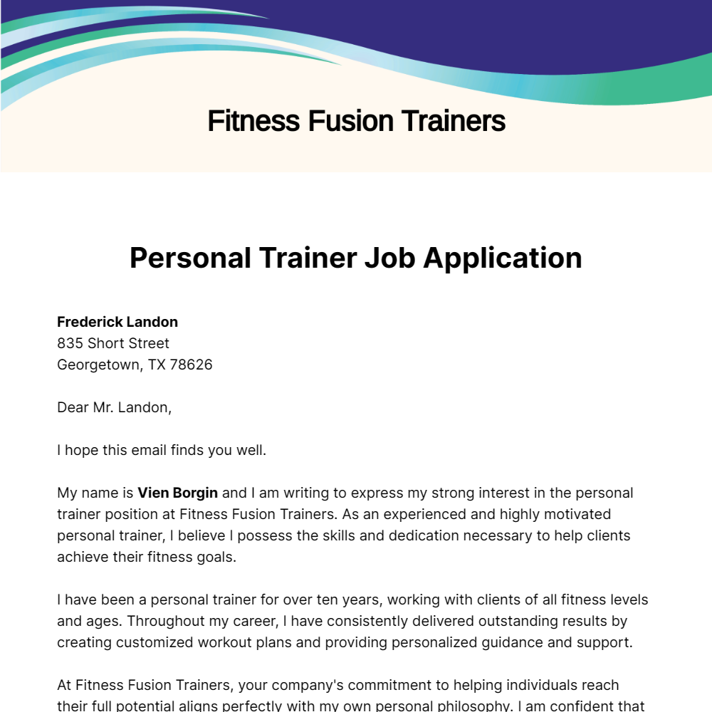 Personal Trainer Job Application Letter  Template