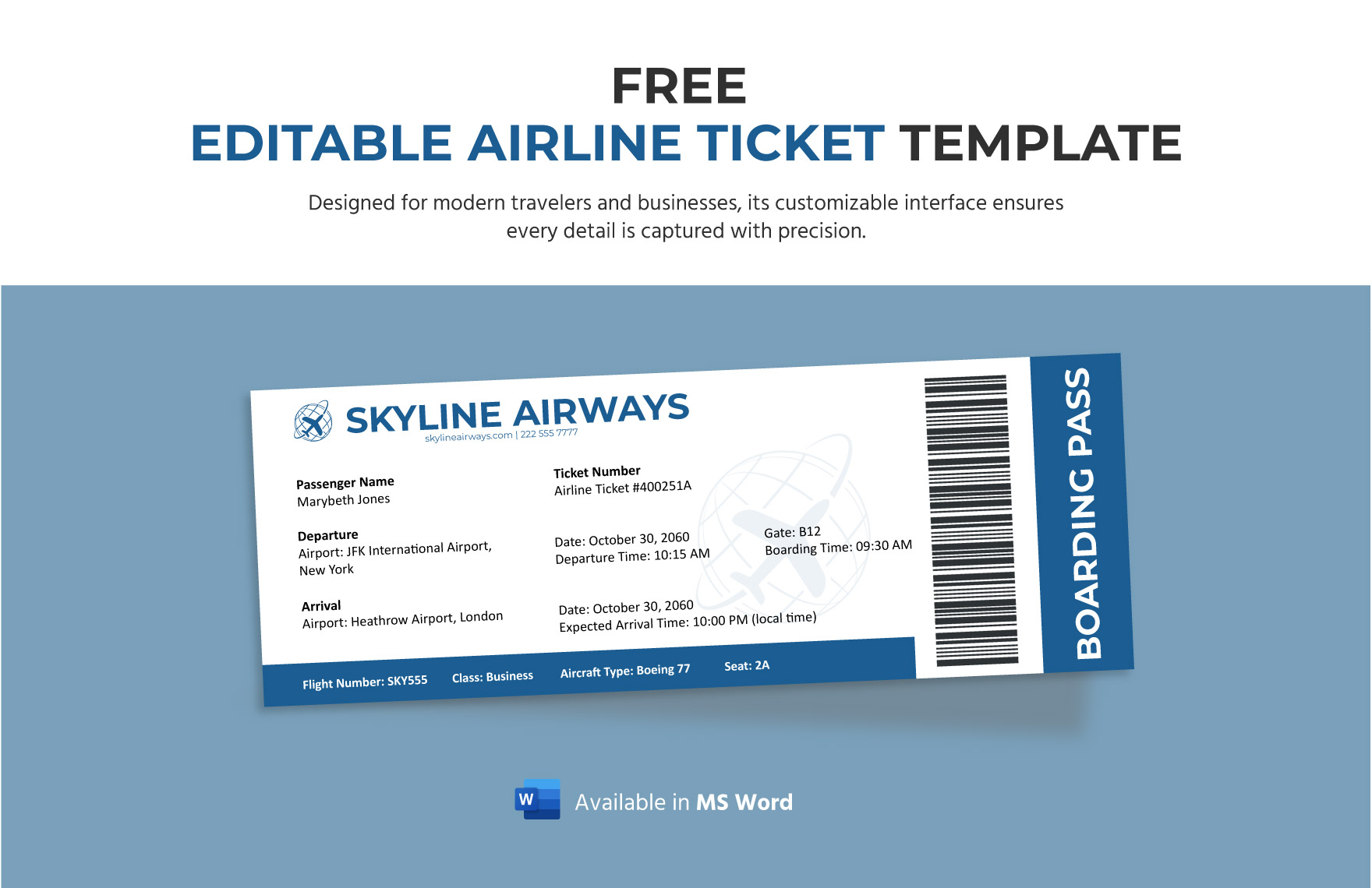 Editable Airline Ticket Template in Word - Download | Template.net