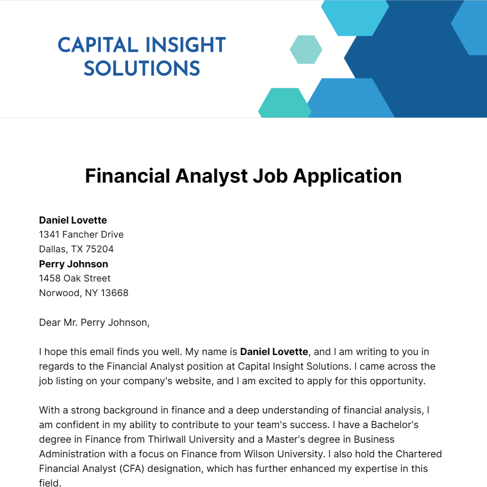 Financial Analyst Job Application Letter  Template