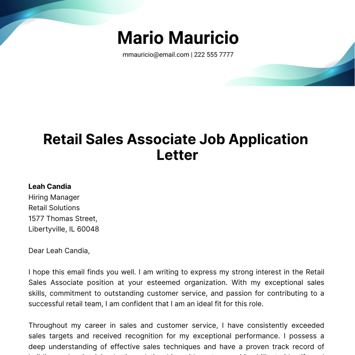 Retail Sales Associate Job Application Letter  Template