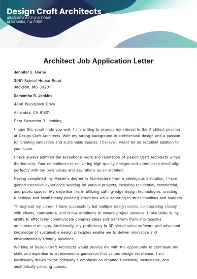 Free Architect Job Application Letter  Template to Edit Online