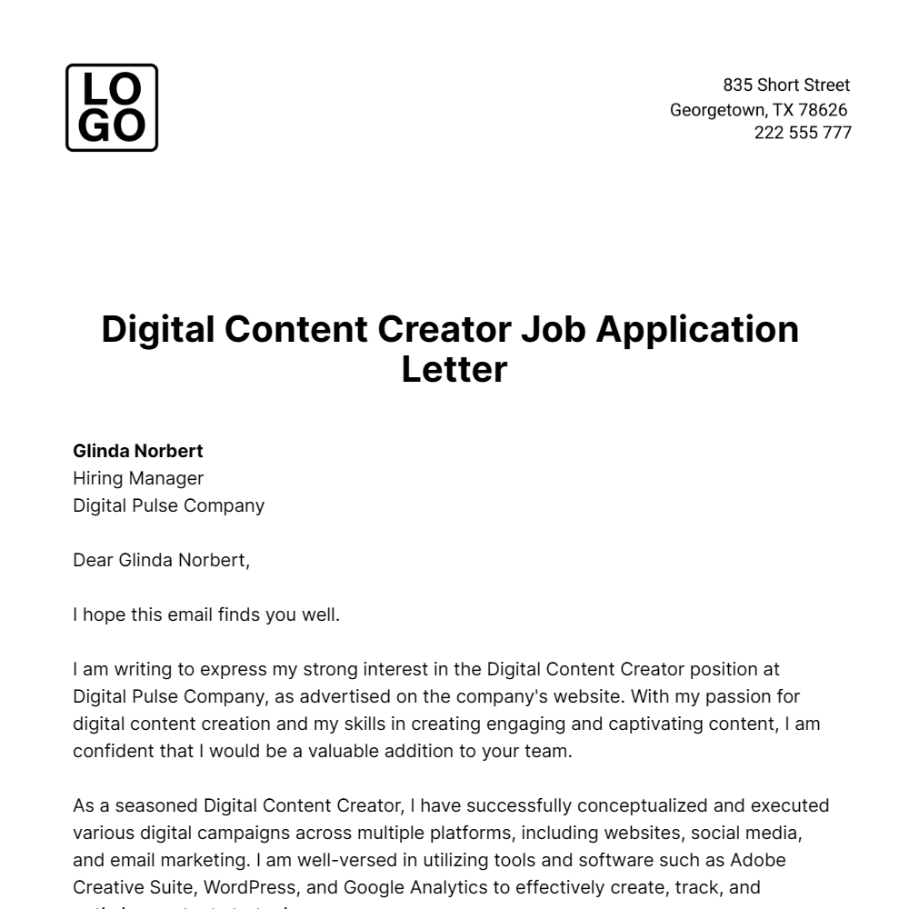 Digital Content Creator Job Application Letter  Template