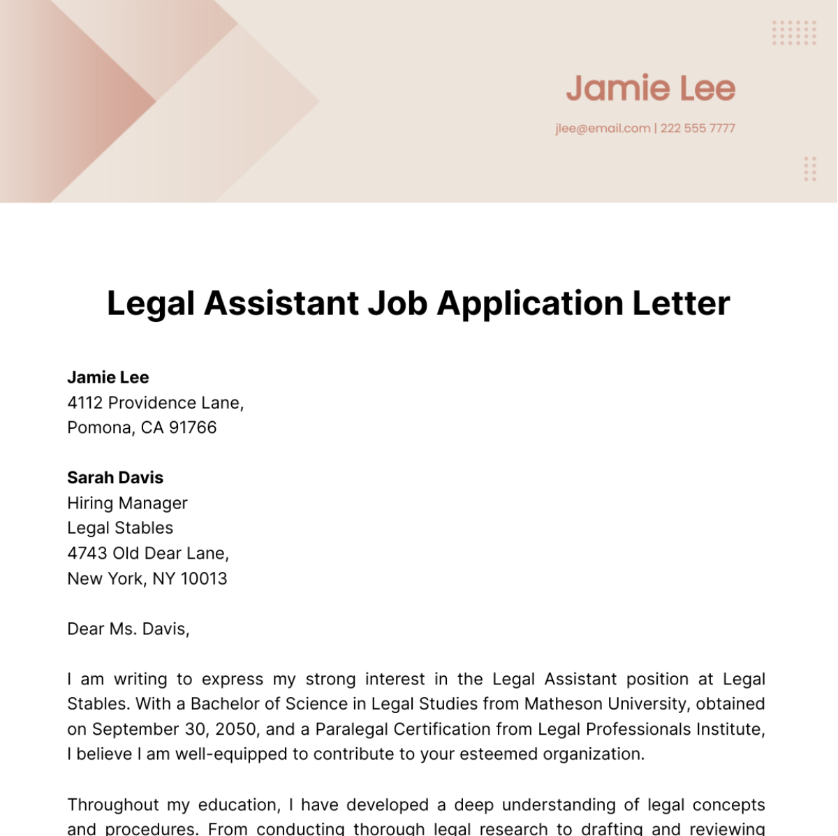 Legal Assistant Job Application Letter  Template