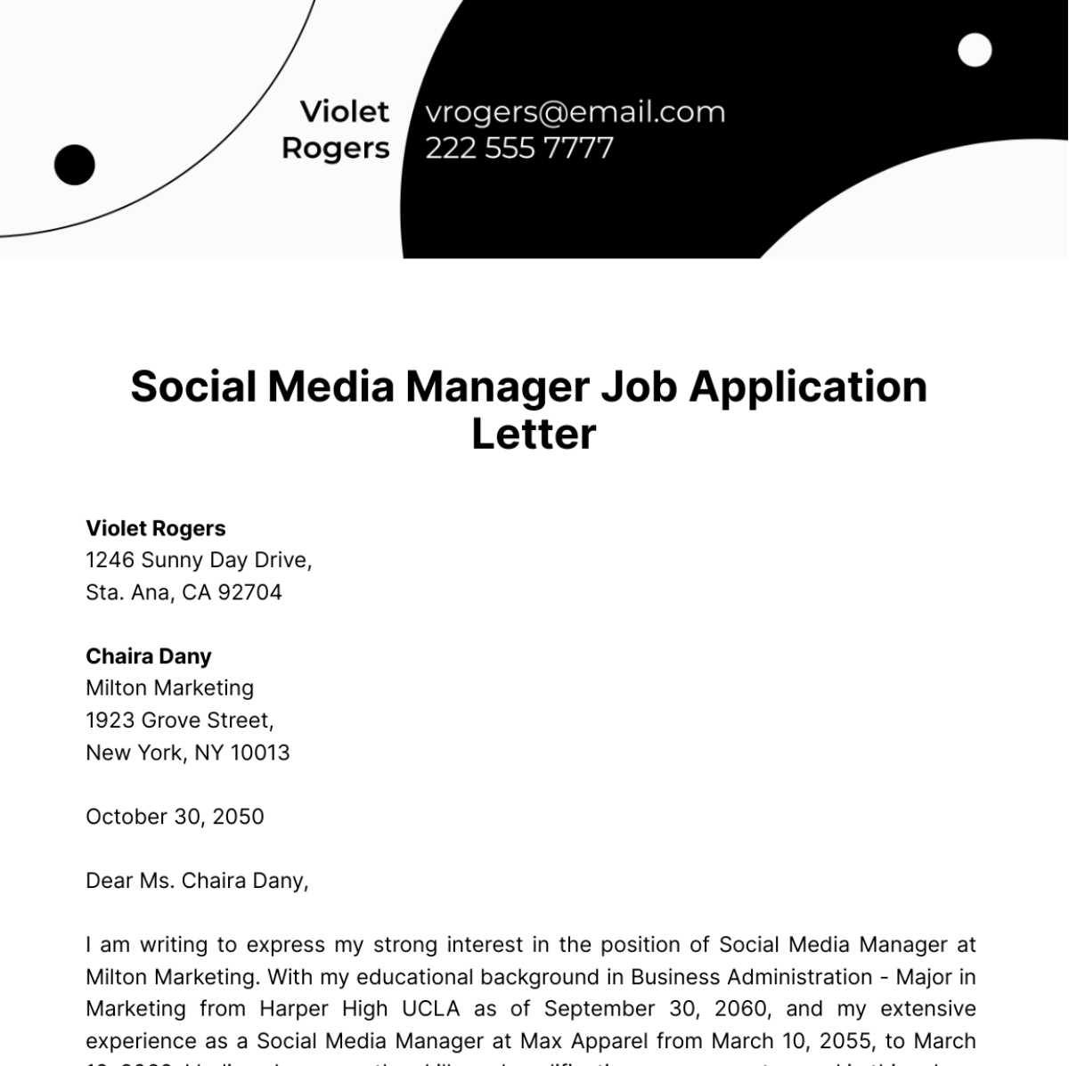 Social Media Manager Job Application Letter  Template