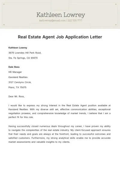 Free Real Estate Agent Job Application Letter  Template to Edit Online