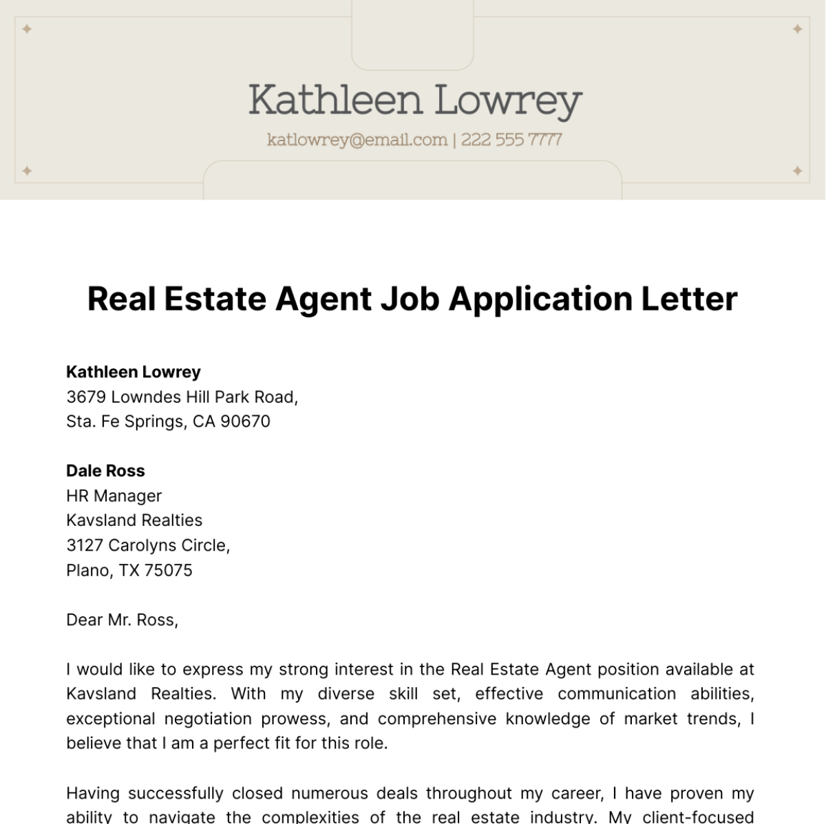 Real Estate Agent Job Application Letter  Template