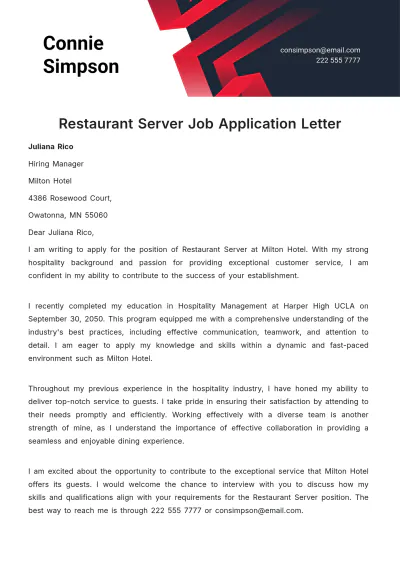 Free Restaurant Server Job Application Letter  Template to Edit Online