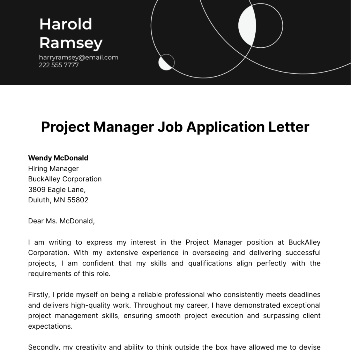 Project Manager Job Application Letter  Template
