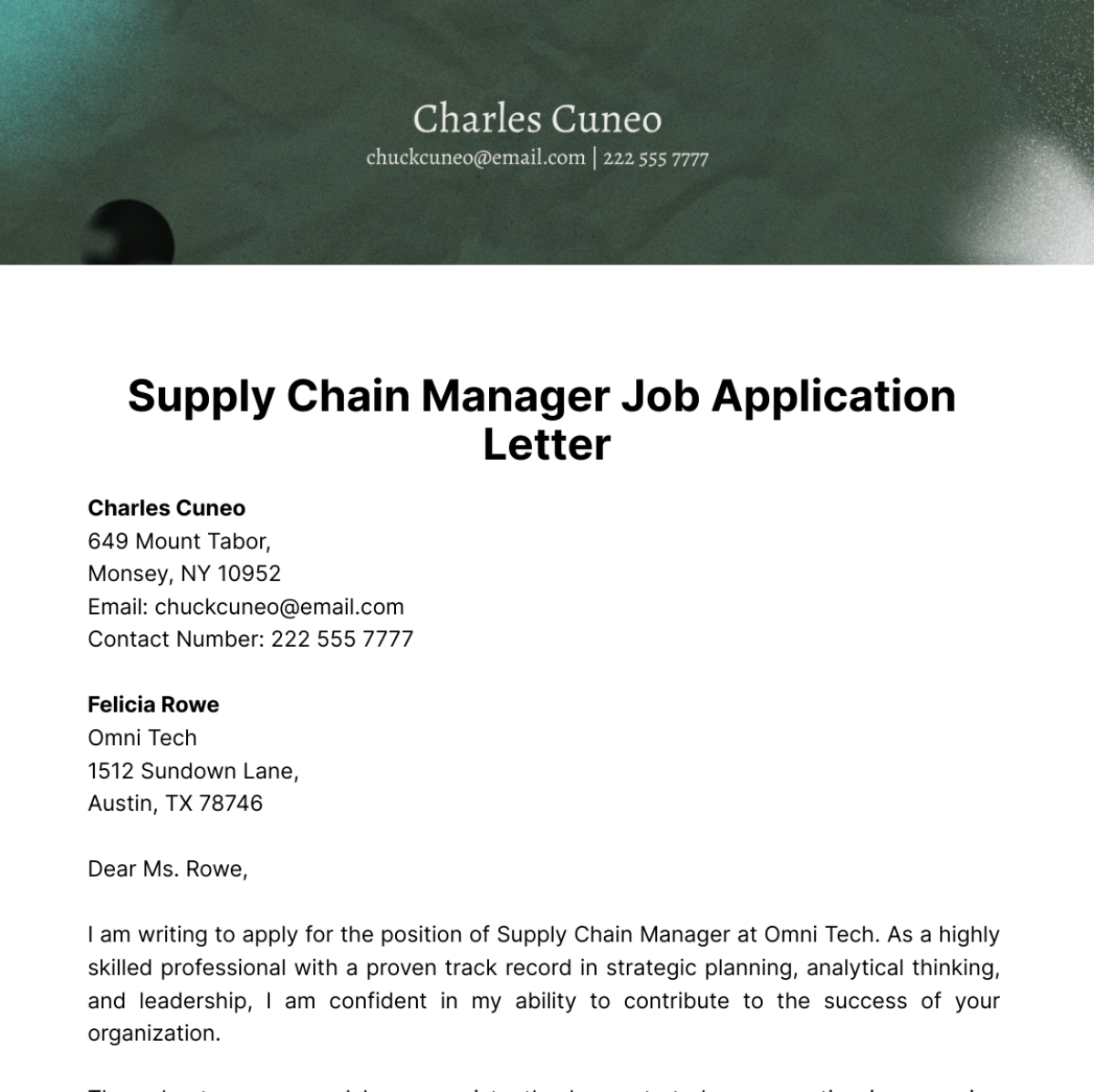 Supply Chain Manager Job Application Letter  Template