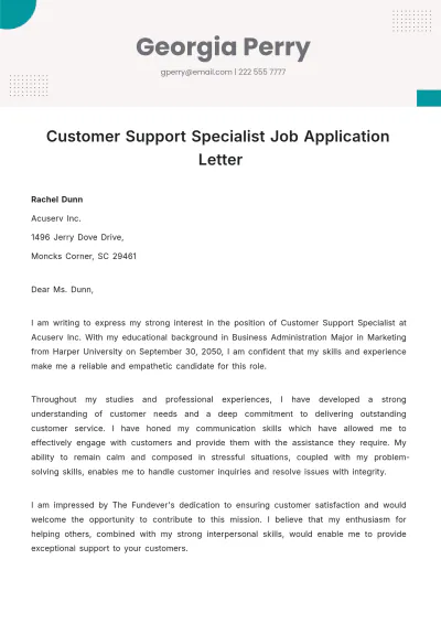 Free Customer Support Specialist Job Application Letter  Template to Edit Online