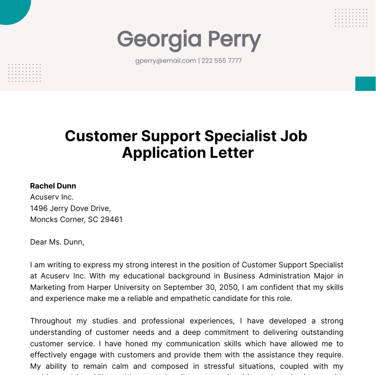 Customer Support Specialist Job Application Letter  Template
