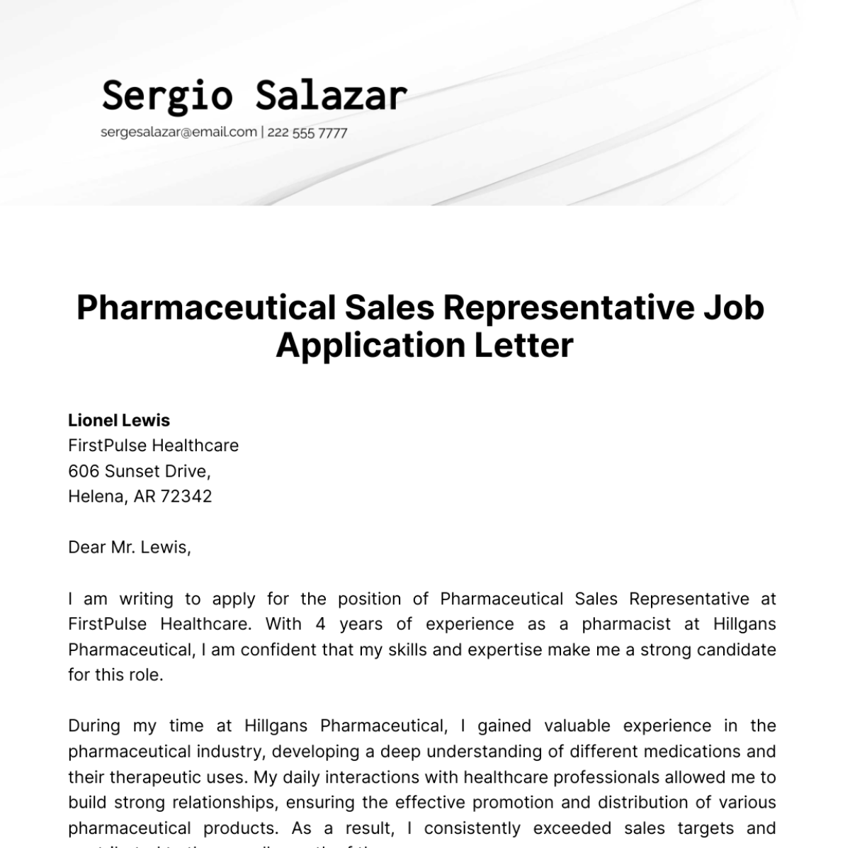 Pharmaceutical Sales Representative Job Application Letter  Template