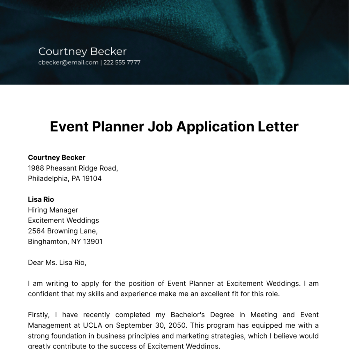 Event Planner Job Application Letter  Template