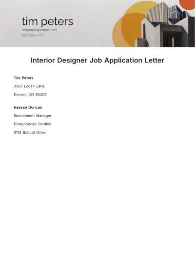 Free Interior Designer Job Application Letter  Template to Edit Online
