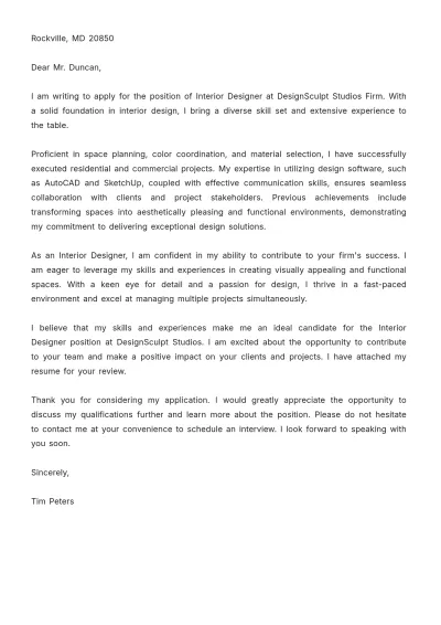 Free Interior Designer Job Application Letter  Template to Edit Online