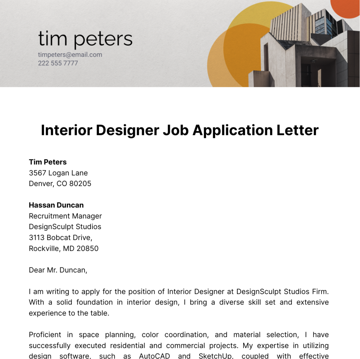 Interior Designer Job Application Letter  Template